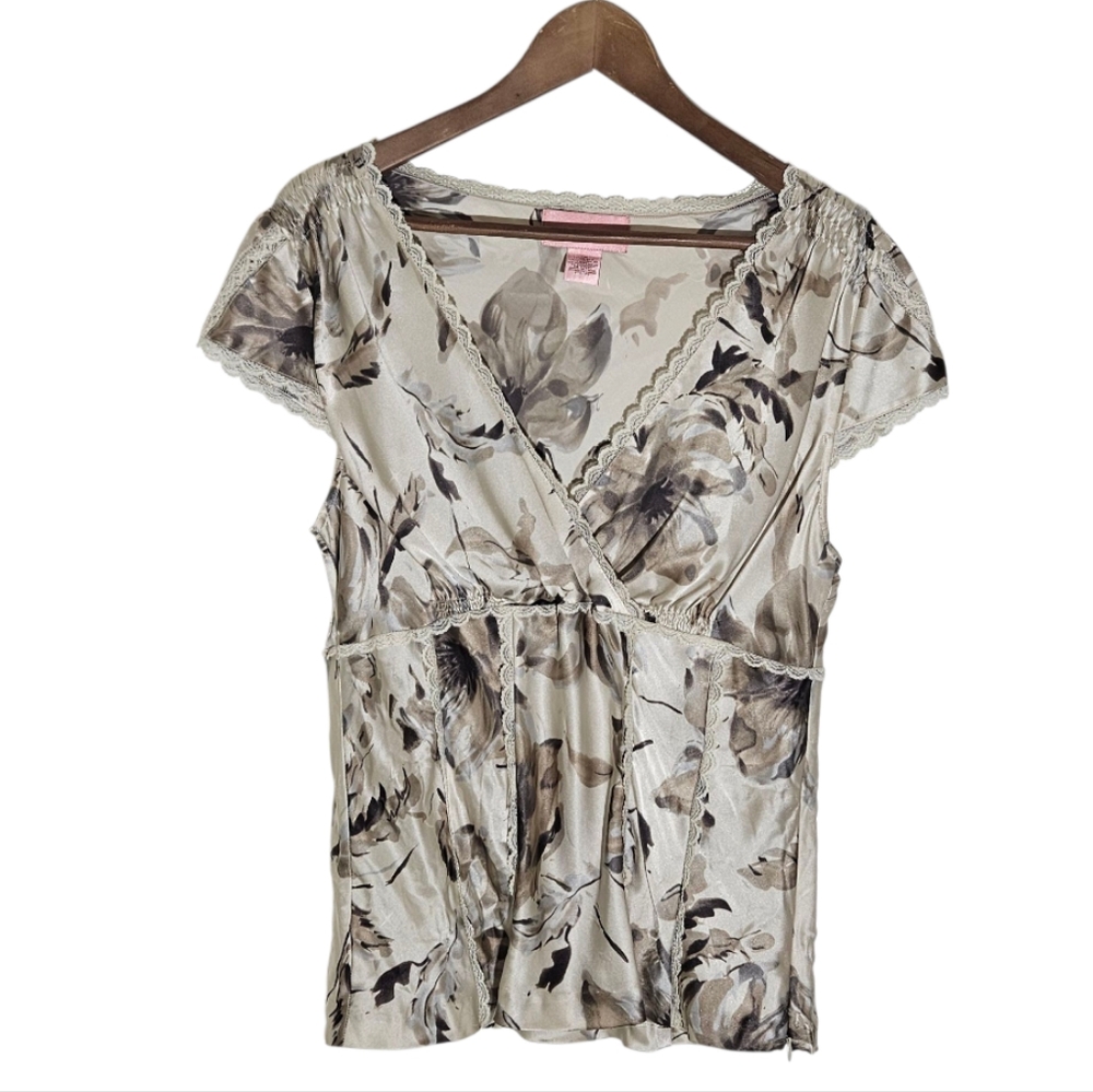 Bandolino Y2K Neutral Floral Silk Deep V Neck Top Lace Trim Size 12